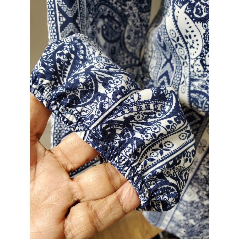 Charlotte Russe Womens Blue White Paisley Long Sleeve V-Neck Knee Length Dress L - Picture 12 of 15